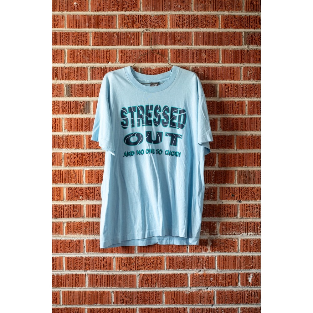 Vintage Screen Stars Best Stressed Out Graphic T-Shirt Light Blue XL Made in USA